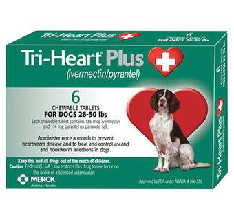TRI-HEART® PLUS CHEWABLE TABLETS 25-50 LB GREEN 136MG 6 DOSES X 10 BOXES (RX)