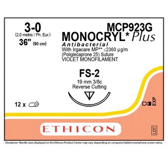 MONOCRYL® PLUS SUTURE #3/0X36 IN 3/8C REV CUT FS-2 MCP923G 12/BX