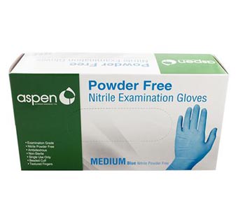 ASPEN NITRILE EXAM GLOVES POWDER FREE BLUE 5 MIL MEDIUM 100/PKG