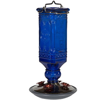 PERKY-PET COBALT BLUE SQUARE ANTIQUE BOTTLE GLASS HUMMINGBIRD FEEDER 16 OZ