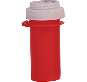 PILL VIAL WITH THUMB TAB CAP 10 DRAM RED PLASTIC 255/PKG