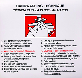 HANDWASHING TECHNIQUE LABELS BILINGUAL (ENGLISH/SPANISH) 6 IN X 6 IN 2/PKG