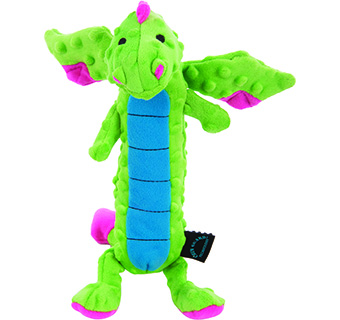GODOG® DRAGONS SKINNY SQUEAKY PLUSH DOG TOY GREEN LARGE 1/PKG