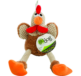 GODOG® CHECKERS™ JUST FOR ME SKINNY ROOSTER SQUEAKY PLUSH DOG TOY BROWN MINI
