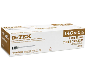 D-TEX® DETECTABLE HYPODERMIC NEEDLES BRASS HUB STERILE 14 G X 1-1/2 IN 100/PKG