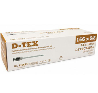 D-TEX® DETECTABLE HYPODERMIC NEEDLES BRASS HUB STERILE 16 G X 5/8 IN 100/PKG