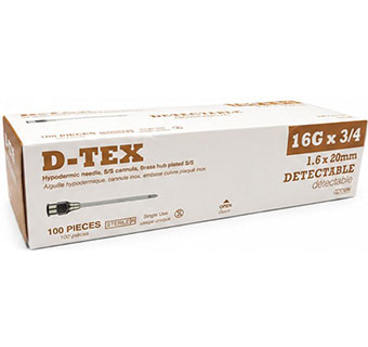 D-TEX® DETECTABLE HYPODERMIC NEEDLES BRASS HUB STERILE 16 G X 3/4 IN 100/PKG