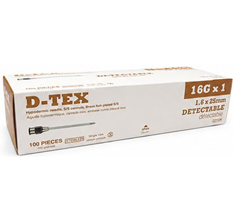 D-TEX® DETECTABLE HYPODERMIC NEEDLES BRASS HUB STERILE 16 G X 1 IN 100/PKG