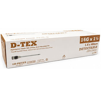 D-TEX® DETECTABLE HYPODERMIC NEEDLES BRASS HUB STERILE 16 G X 1-1/2 IN 100/PKG