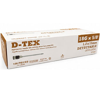 D-TEX® DETECTABLE HYPODERMIC NEEDLES BRASS HUB STERILE 18 G X 5/8 IN 100/PKG