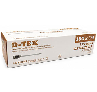 D-TEX® DETECTABLE HYPODERMIC NEEDLES BRASS HUB STERILE 18 G X 3/4 IN 100/PKG