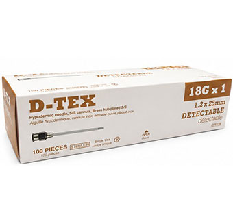 D-TEX® DETECTABLE HYPODERMIC NEEDLES BRASS HUB STERILE 18 G X 1 IN 100/PKG
