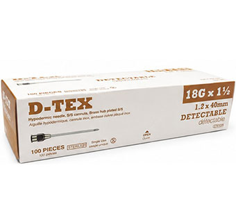 D-TEX® DETECTABLE HYPODERMIC NEEDLES BRASS HUB STERILE 18 G X 1-1/2 100/PKG