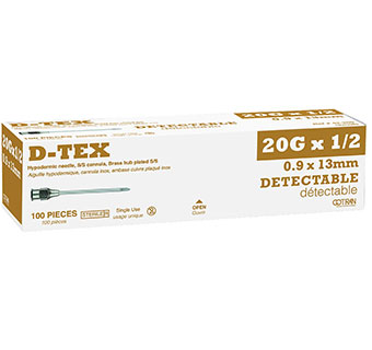 D-TEX DETECTABLE HYPODERMIC NEEDLES BRASS HUB STERILE 14G X 1 IN 100/PKG
