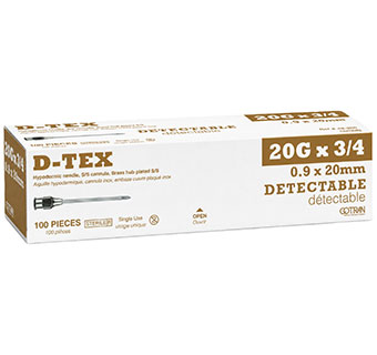 D-TEX® DETECTABLE HYPODERMIC NEEDLES BRASS HUB STERILE 20 G X 3/4 IN 100/PKG