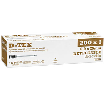D-TEX® DETECTABLE HYPODERMIC NEEDLES BRASS HUB STERILE 20 G X 1 IN 100/PKG