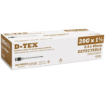 D-TEX® DETECTABLE HYPODERMIC NEEDLES BRASS HUB STERILE 20 G X 1-1/2 IN 100/PKG