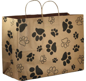 LARGE KRAFT PAPER BAG WITH HANDLES IMPRINTED BLACK PAW PRINTS 50/PKG