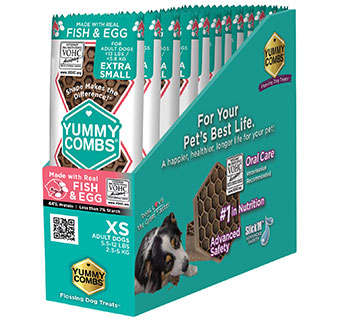 YUMMY COMBS® FLOSSING DOG TREATS FISH & EGG XS 5.5-12 LB SLEEVE DISPLAY 12/PKG