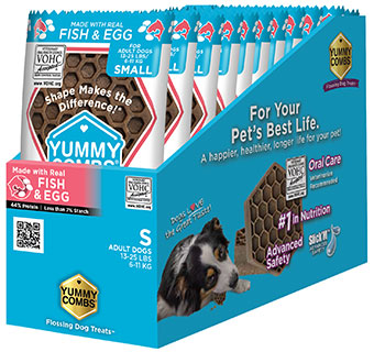 YUMMY COMBS® FLOSSING DOG TREATS FISH & EGG SMALL 13-25LB SLEEVE DISPLAY 10/PK