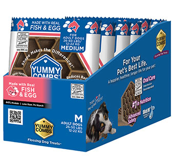 YUMMY COMBS® FLOSSING DOG TREATS FISH & EGG MEDIUM 26-50LB SLEEVE DISPLAY 6/PK