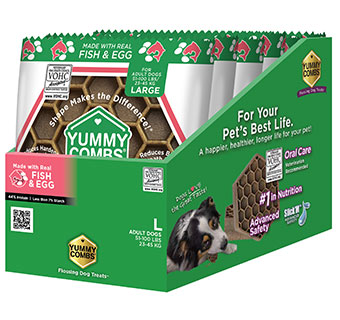 YUMMY COMBS® FLOSSING DOG TREATS FISH & EGG LARGE 51-100LB SLEEVE DISPLAY 6/PK