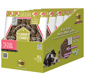 YUMMY COMBS® FLOSSING DOG TREATS FISH & EGG XL 100+ LB SLEEVE DISPLAY 6/PKG