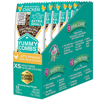 YUMMY COMBS® FLOSSING DOG TREATS CHICKEN XS 5.5-12 LB SLEEVE DISPLAY 12/PKG
