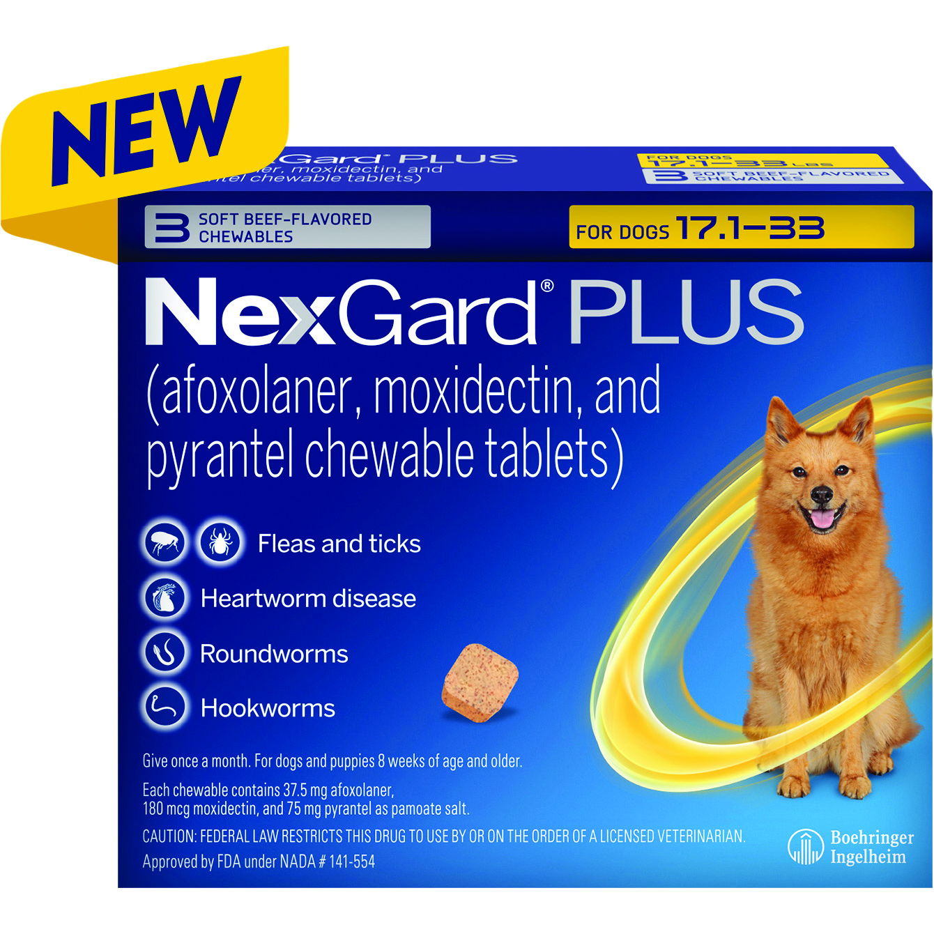 NEXGARD® PLUS CHEWABLE TABLETS FOR DOGS 17.1-33LB 3 DOSES 10 BX/CARTON AGENCY