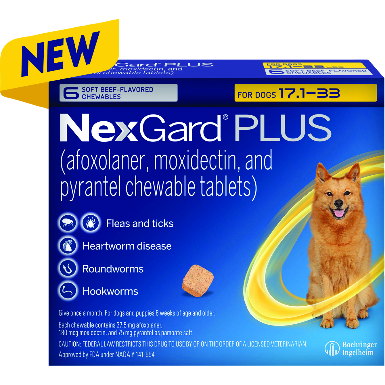 NEXGARD® PLUS CHEWABLE TABLETS DOGS 17.1-33LB 6 DOSES 10 BX/CARTON HAWAII ONLY