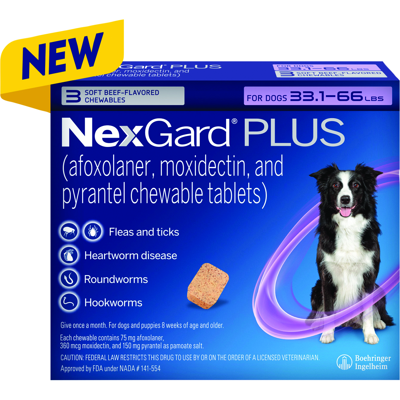 NEXGARD® PLUS CHEWABLE TABLETS DOGS 33.1-66LB 3 DOSES 10 BX/CARTON HAWAII ONLY