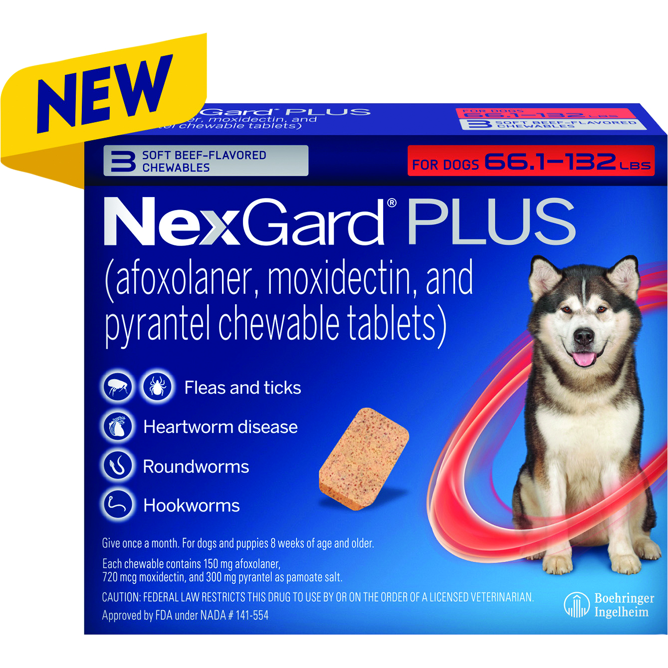 NEXGARD® PLUS CHEWABLE TABLETS FOR DOGS 66.1.1-132LB 3DOSES 10BX/CARTON AGENCY