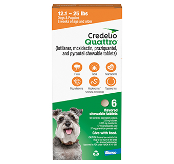 CREDELIO QUATTRO™ CHEWABLE TABLETS 12.1-25 LB 225 MG 6 DOSES X 10/PKG (RX)